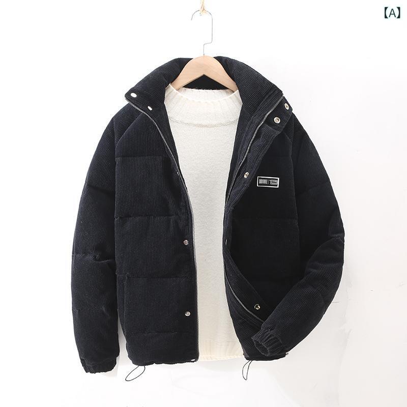 羽絨服 男性用 ライトアウター コーデュロイ 立ち襟 防寒 保温性 撥水性 ブラック カーキ グレー