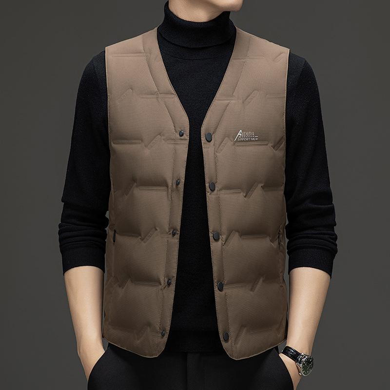 ダウンベスト 男性用 Vネック 90% ホワイトダックダウン 中綿ベスト シニア 向け 防寒着 ビジネス 紳士 カジュアル 冬物 カーキ グレー ブラック 紺 ポリエステル