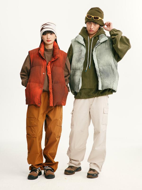 ダウンベスト 男女兼用 立襟 絞り染め 防風 撥水 アウター 軽量 ゆったり 秋冬