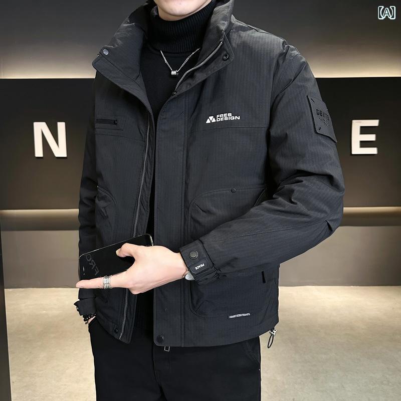 羽绒服 男性用 立襟 保温 加厚 ショート丈 白ダックダウン ポリエステル繊維