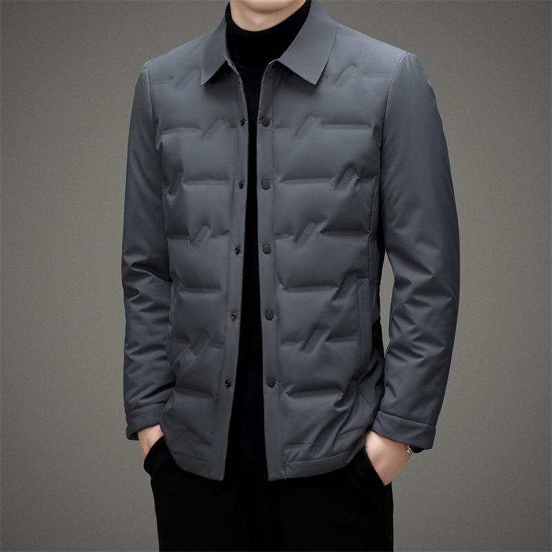 羽絨服 メンズ 男性用 冬 アウター 暖かい 防寒 軽量 撥水 防風 ビジネス カジュアル 紳士服 ミドル丈 レギュラーフィット 85% 白ダックダウン ポリエステル 無地 黒 ブラック グレー