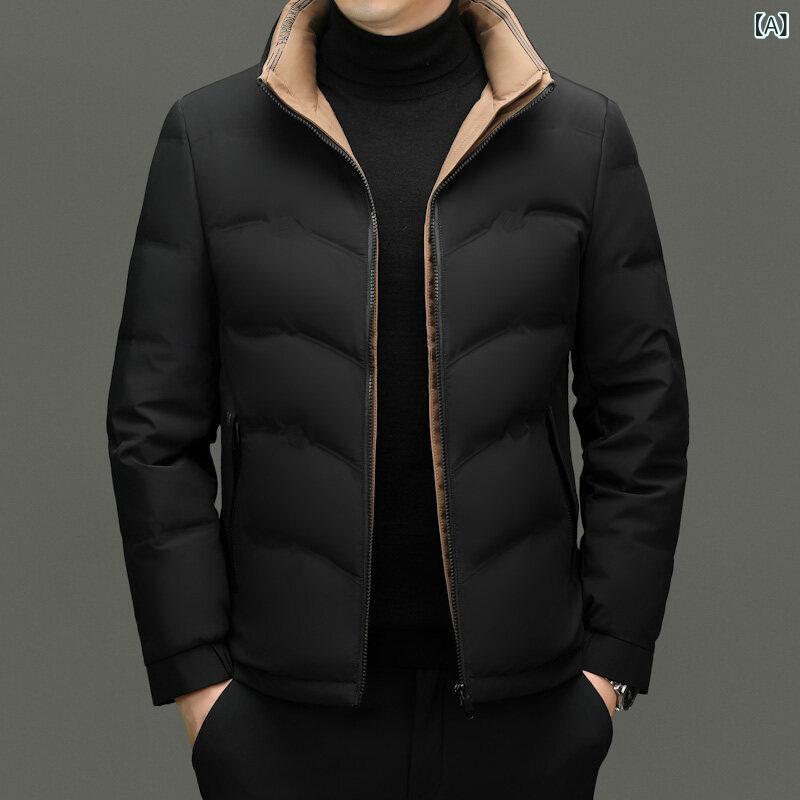 ダウンジャケット メンズ 男性用 秋冬 立襟 無地 軽量 暖か 防寒 合体型 黒色 カーキ色 紺色 ポリエステル