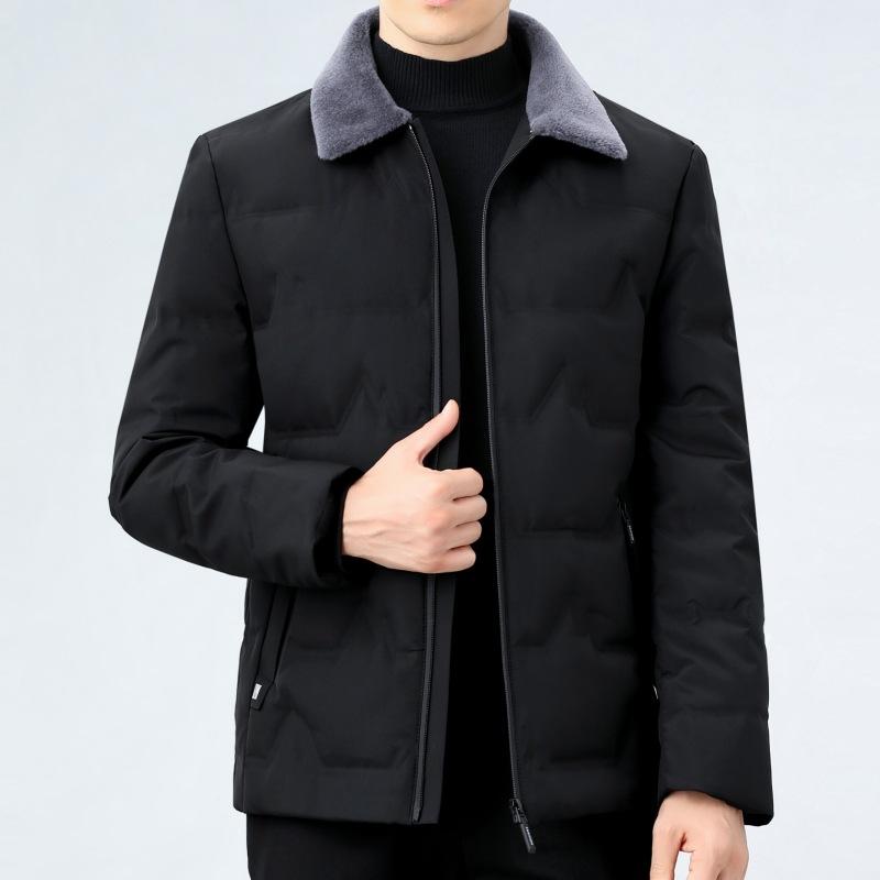 ダウンジャケット 男性用 ビジネス カジュアル 暖かい 白ダウン 襟付き 防寒 アウター ミドル丈 中年 シニア パパ 父親 ポリエステル ブラック ブルー