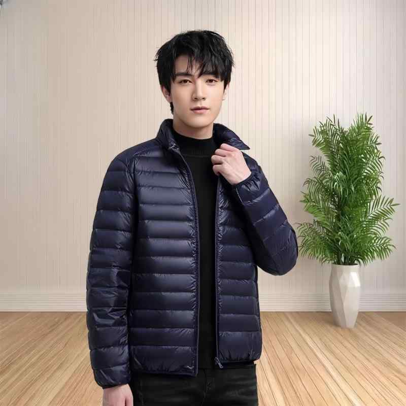 羽毛ジャケット 男性用 ライトダウン 中綿入り スタンドカラー ブルゾン 防風 防寒 撥水 軽量 伸縮性 ブラック系 秋冬