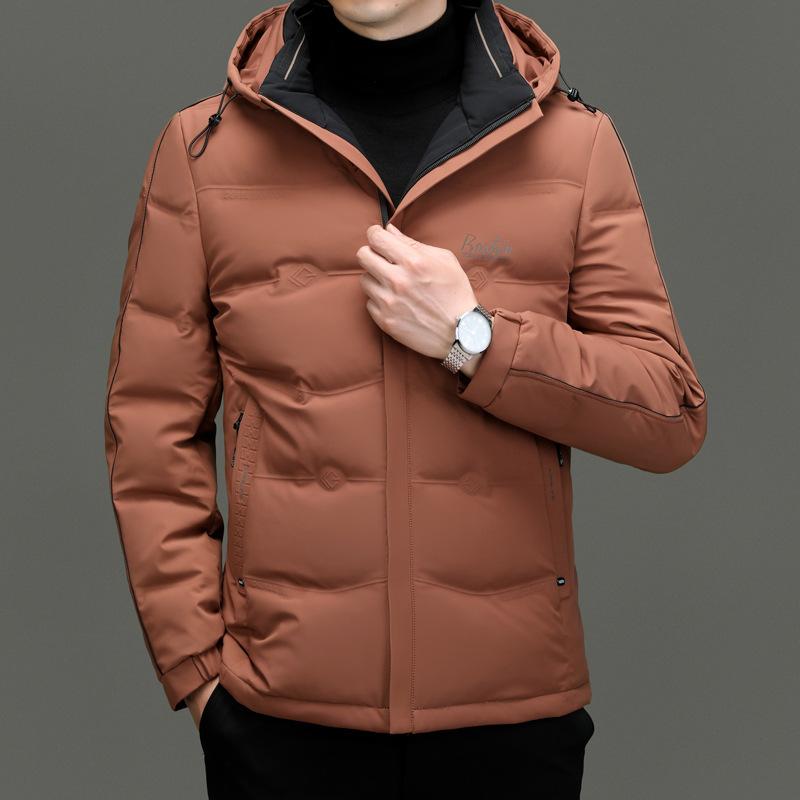 ダウンジャケット メンズ 男性用 フード付き ビジネス カジュアル 防寒 暖かい 白ダウン ポリエステル 灰色 黒色 青色