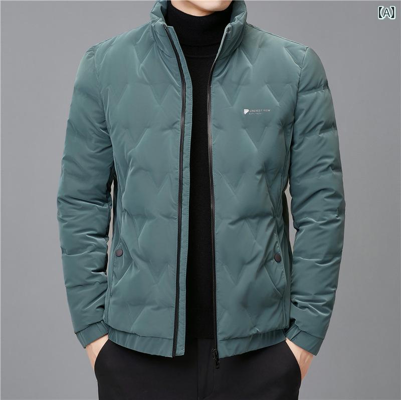 羽絨服 メンズ ファッション ショート丈 立襟 男性用 カジュアル 厚手 防寒 アウター 秋冬 緑 黒 グレー ポリエステル 普段使い