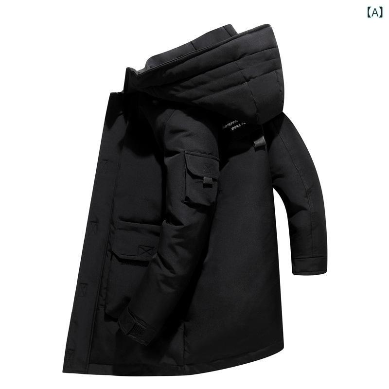 羽绒服 男性用 厚手 白鸭绒 ハーフ丈 フード付き 防寒 アウター ジャンパー ブルゾン 普段使い レジャー アウトドア ブラック ベージュ ブルー ポリエステル