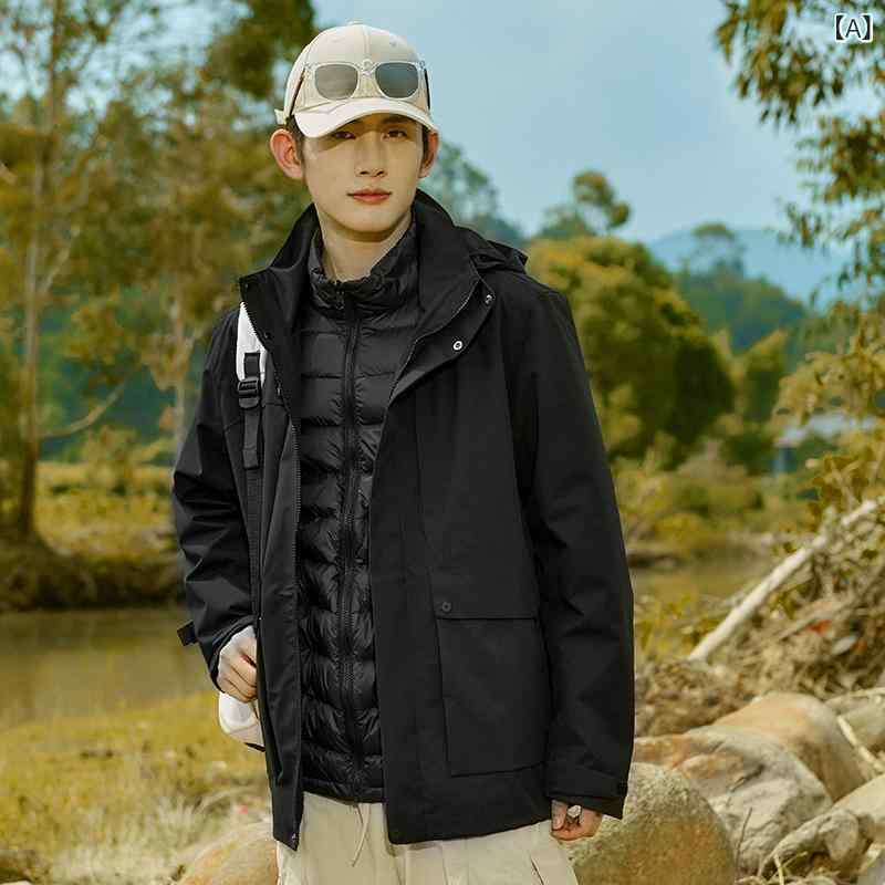 マウンテンパーカー 男女兼用 防風 防水 アウター 秋冬 登山 ウェア 釣り サイクル ジャケット 3way 取り外し可能 羽毛 インナー付き ポリエステル