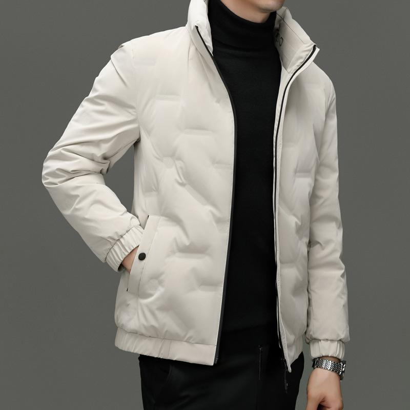 ダウンジャケット 男性用 秋冬 ファッション カジュアル 防寒 撥水 立襟 エンボス加工 ショート丈 アウター 黒 グレー カーキ