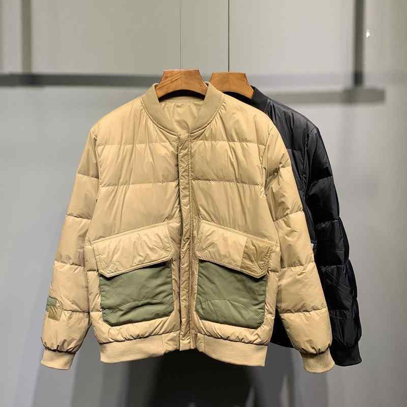 アウター メンズ 男性用 秋冬 日系 ファッション 野球襟 大判ポケット 配色 ダウンジャケット 極寒 防寒 カーキ色 緑色 黒色