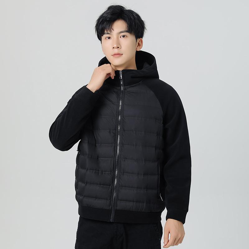 ダウンジャケット 男性用 ニット 切り替え フード付き 軽量 薄手 防風 保温 アウター ジャンパー ポリ..