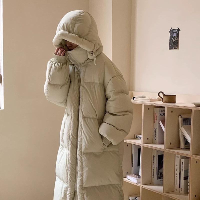 羽毛布団 レディース ロング丈 フード付き ダウンコート 冬 ゆったり 厚手 暖かい アウター 米白 黒 カ..