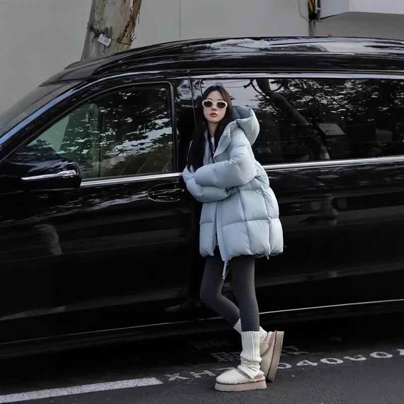 ダウンジャケット レディース 厚手 90% ホワイトダックダウン 中綿 防寒 暖か フード付き ミドル丈 ブラック 黒 ブルー 青 グリーン 緑 ポリエステル