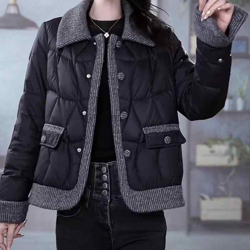 綿入りジャンパー レディース ファッション アウター 韓国風 スリム 薄手 ダウン風ジャケット カジュアル コート ラウンドネック 無地 黒 ブラック系