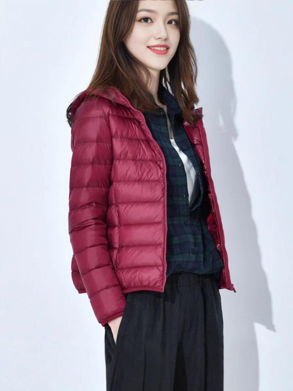 ダウンジャケット レディース ショート丈 ライトダウン 薄手 軽量 防寒 韓国風 学生 白ダックダウン フード付き ポリエステル 無地 ブラック ワインレッド 大きいサイズ