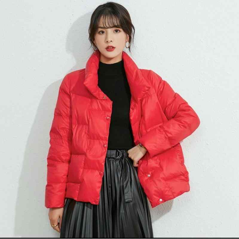 羽绒服 レディース ショート丈 立襟 秋冬 韓国 ファッション カジュアル ゆったり 白鸭绒 厚手 アウター ジャンパー ポケット付き ホワイト ブラック カーキ レッド