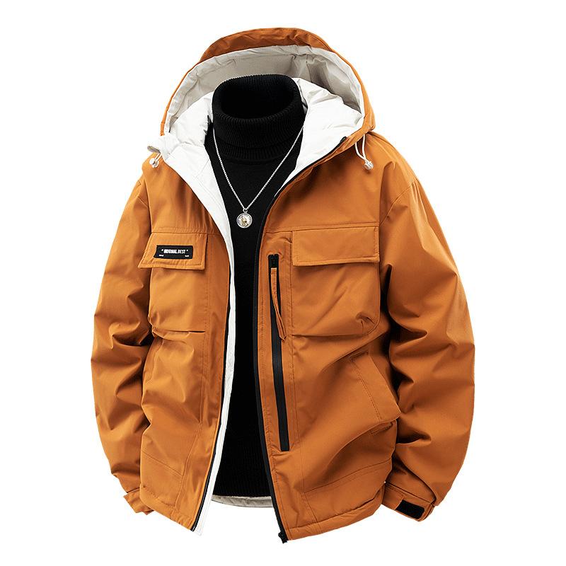 ダウンジャケット メンズ 男性用 防寒 アウター 大サイズ ゆったり フード付き 橙色 黒 緑色 冬