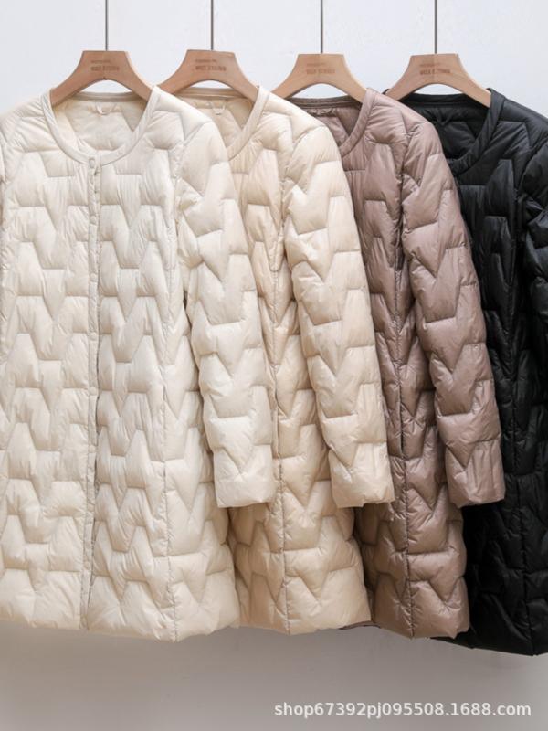 ダウンジャケット レディース 薄手 中綿入り コート ノーカラー Vネック アウター 軽量 あったか 暖かい 秋冬 ミドル丈 ポケット付き カジュアル オフィスカジュアル 通勤 普段使い