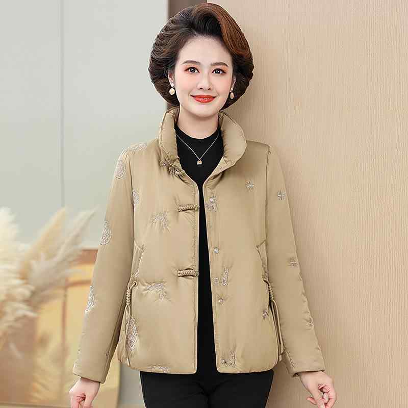 ダウンジャケット レディース ミセス 冬 中綿 立襟 あったか ゆったりサイズ カーキ ベージュ ピンク レッド 和風 レトロ