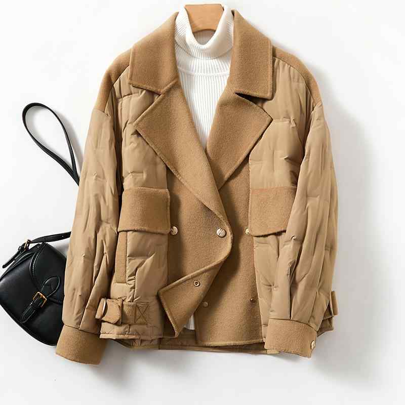 ダウンジャケット レディース 秋冬 小柄 ミドル丈 ウール混 通勤 オフィス カジュアル アウター ジャンパー 上着 羽織り 長袖 M L カーキ ブラック オフホワイト