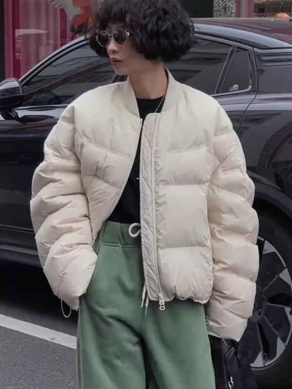 ダウンジャケット レディース ショート丈 小柄 秋冬 韓国風 ゆったり 厚手 野球服 パン服 白ダックダウン Aライン Uネック アウター 米白 黒 グレー