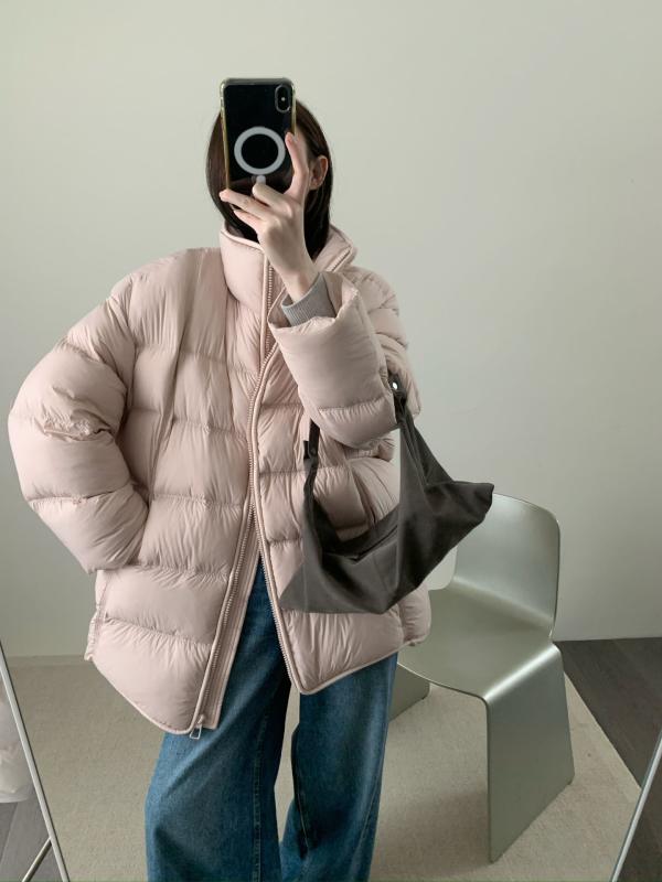 ダウンジャケット レディース 秋冬 立襟 白ダウン ゆったり 厚手 暖かい アウター ジャンパー ミドル丈 米色 浅ピンク ブラック