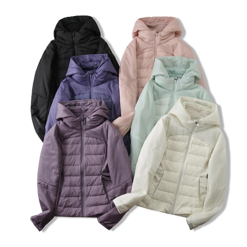 ダウンジャケット レディース アウトドア 登山 ランニング スポーツ カジュアル フード付き 軽量 薄手 ヨガ アウター ポリエステル 合体型 立襟 長袖 無地 ポケット付き ブラック 米白色 ピンク系 紫 デニムブルー 薄荷緑