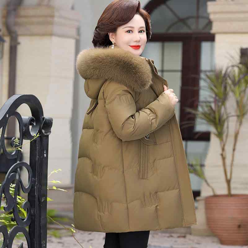 ダウンジャケット レディース ミドル丈 ママ服 冬 中高年 女性用 大きいサイズ ダックダウン 厚手 フード付き 取り外し可能 狐のファー襟付き 暖かい アウター 通勤着 普段使い イエロー ブラック 緑グレー
