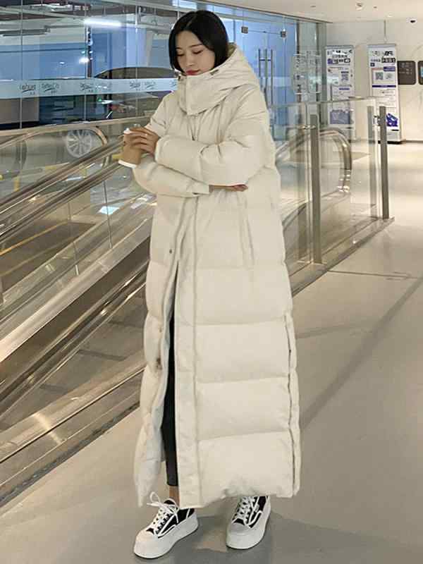 羽毛布団 レディース 秋冬 ロング丈 フード付き 黒 アウター 厚手 防寒 あったか ポリエステル ミドル..