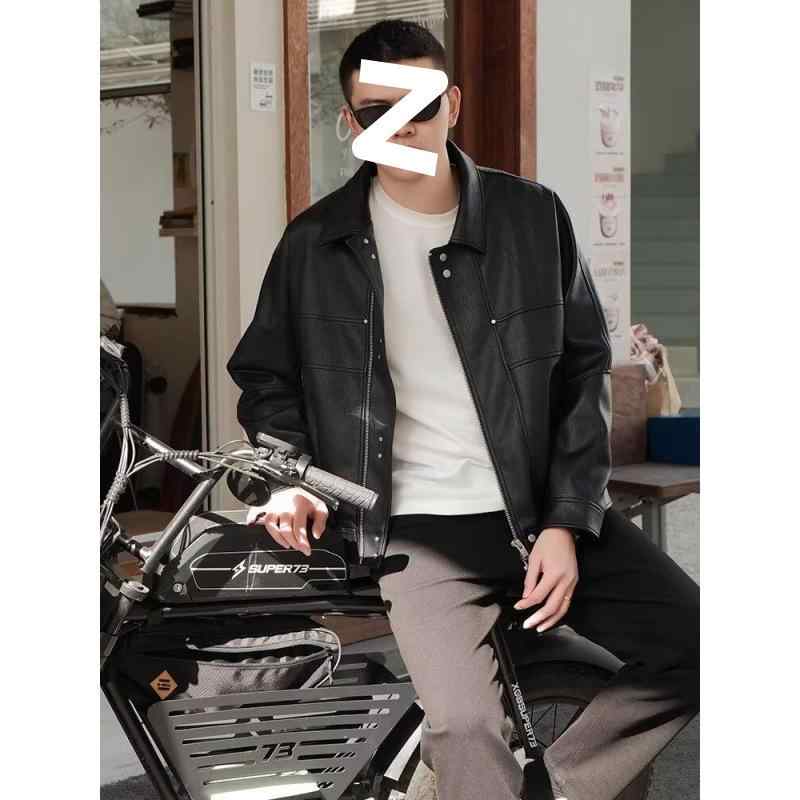 ジャケット 男性用 レザージャケット PUレザー ライダースジャケット バイカージャケット 無地 翻襟 長袖 ポケット付き 秋冬(4)