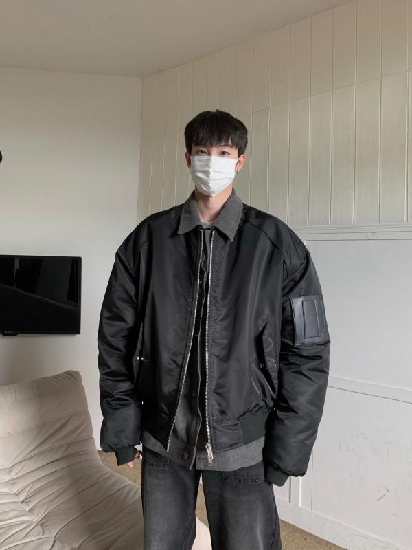 ジャケット 男性用 デニム 切り替え フライトジャケット ミリタリー ワーク 秋冬 アウター 襟付き 長袖 ルーズフィット ドロップショルダー ブラック カーキ ポリエステル(4)