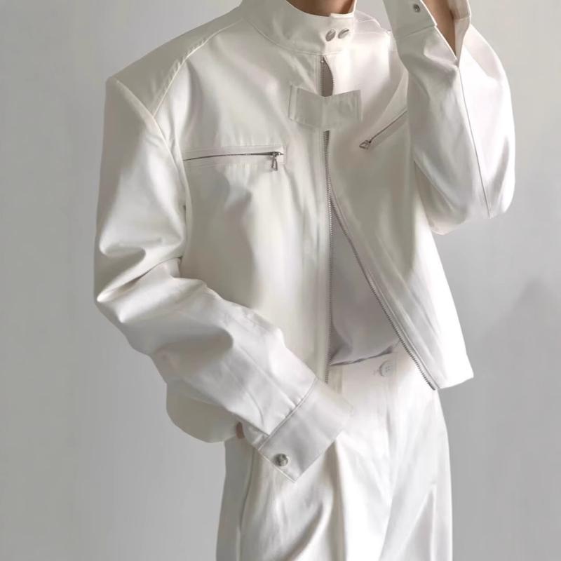 ジャケット 男性用 ショート丈 アウター 美品 リブ 襟付き 無地 春秋 ポリエステル混紡 ブラック ホワイト M L XL 2XL 3XL 普段使い