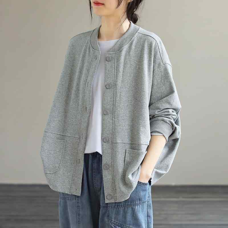 ジャケット レディース 大きいサイズ 春物 ブルゾン スプリングコート ラウンドネック 長袖 コットン 混紡 ゆったり 灰色 黒色 赤色