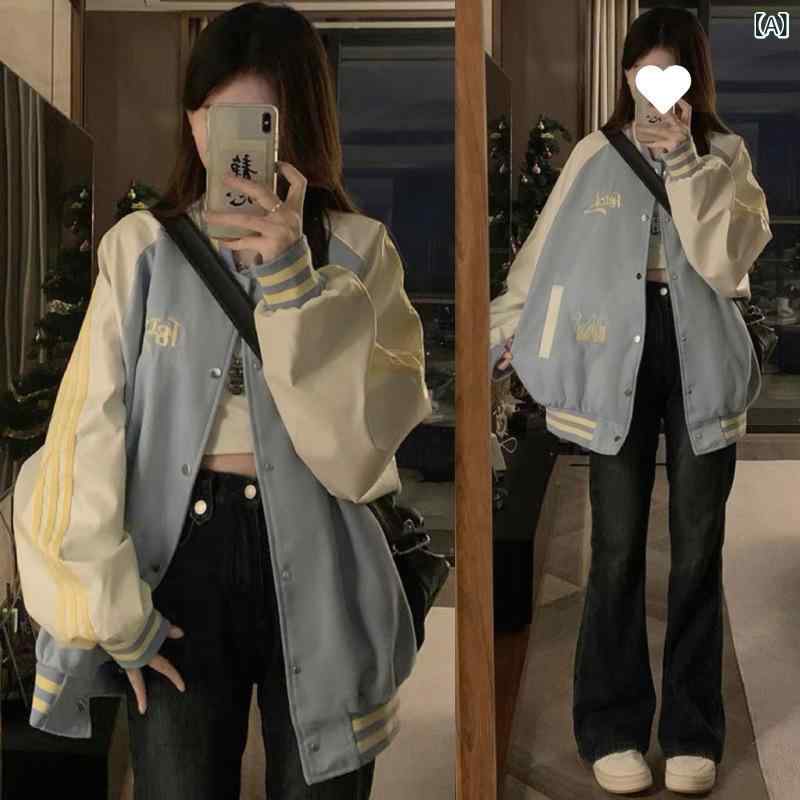 ジャケット レディース ベースボールジャケット 配色 ストライプ 切り替え ブルゾン スプリングコート ゆったり 大きいサイズ 天ブルー 蔵青色 ブラック カーキ色 レッド グリーン パープル