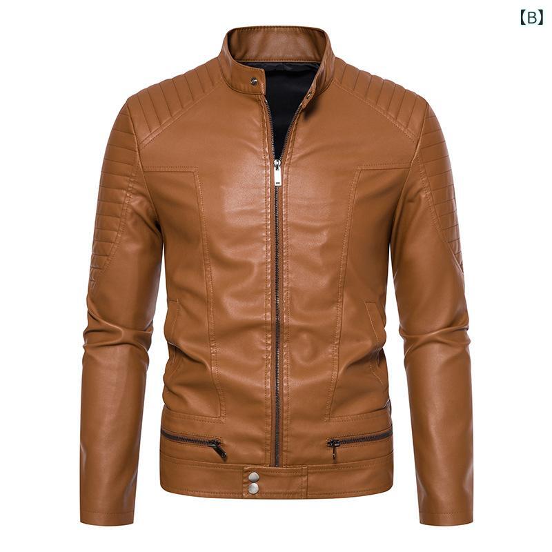 ライダースジャケット 男性用 PUレザー バイクジャケット スタンドカラー スリムフィット 黒 土黄色 春秋 カジュアル スタイリッシュ