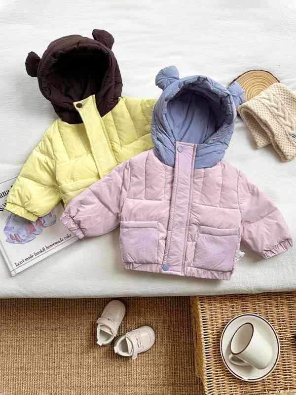 ベビー服 子供服 ダウンジャケット 秋冬 配色 フード付き クマ耳 防寒 白ダックダウン アウター 柔らか..