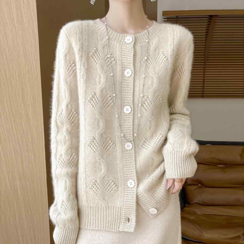 ニット カーディガン レディース 100% 羊毛 ラウンドネック 中国風 ケーブル編み 透かし編み ゆったり ..