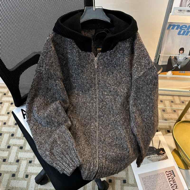 ニットカーディガン 男性用 マフラーカーディガン 秋冬 灰色 モヘア 混紡 ローゲージニット ゆったり リブ編み 長袖 フード付き 羽織り