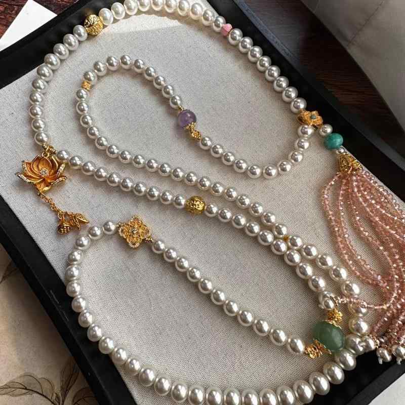 ネックレス レディース 新中式 斜めがけ チェーン パール 璎珞風 馬面スカート アクセサリー スウィート クール オリジナルデザイン