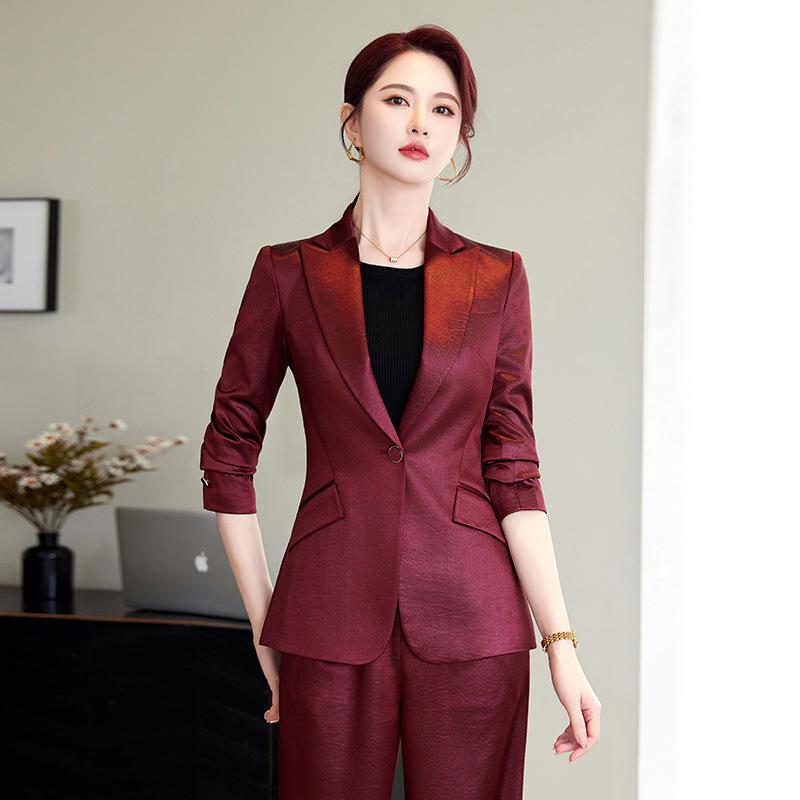 スーツ レディース 秋冬 紫 赤茶色 ポリエステル エレガント オフィス フォーマル 長袖 パンツ S M L XL 2XL 3XL