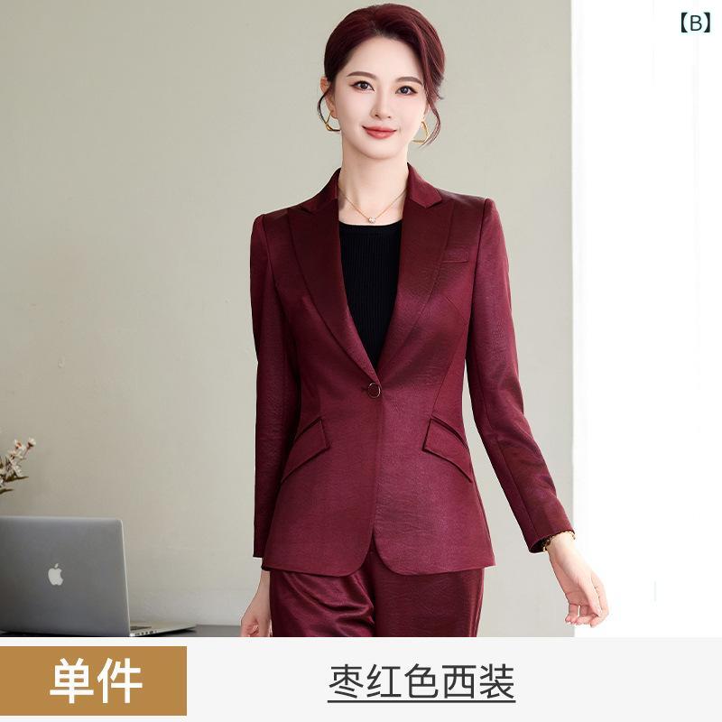 スーツ レディース 秋冬 紫 赤茶色 ポリエステル エレガント オフィス フォーマル 長袖 パンツ S M L XL 2XL 3XL