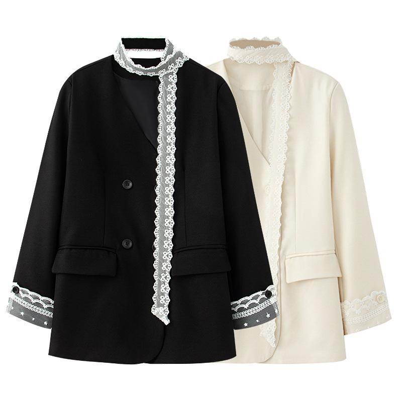 ジャケット レディース レース 切り替え テーラードジャケット エレガント ブラック アウター ポリエステル Vネック 長袖 ボタン留め 通勤 オフィス きれいめ 春(3.0)