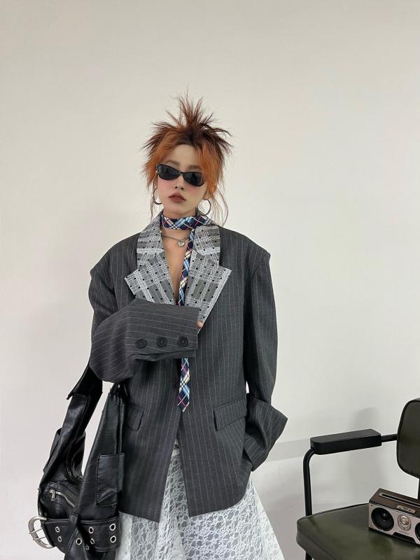 ジャケット レディース レース 切り替え テーラード グレー ストライプ カジュアル 日韓スタイル