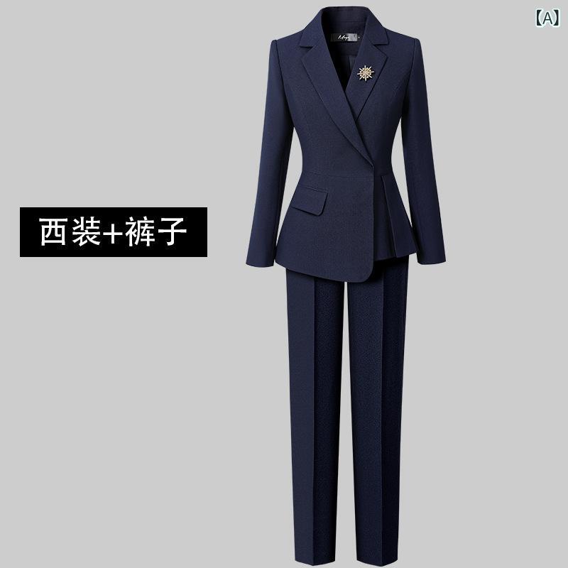 スーツ レディース 秋物 事務服 テーラードジャケット パンツ スカート 長袖 ポリエステル 紺色 オフィス ビジネス フォーマル 上下セット 美シルエット
