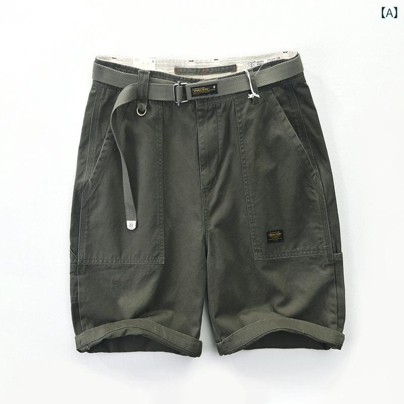 ハーフパンツ メンズ 男性用 ワイド 全綿 コットン カーゴパンツ ゆったり 5分丈 グレー カーキ色 軍緑 灰青 紺