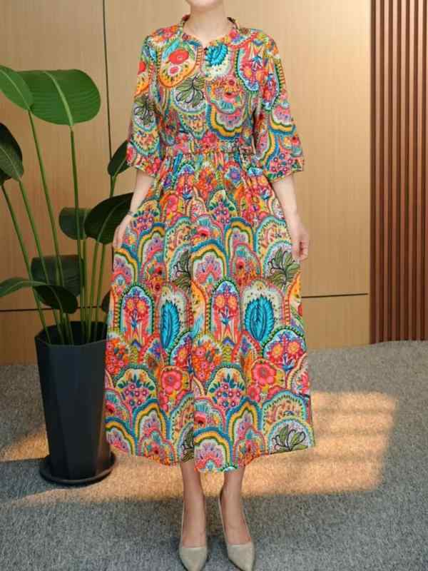 ワンピース レディース 7分袖 中高年 ミモレ丈 マキシ丈 エレガント ウエストマーク 体型カバー 接触冷感 快適 婦人服 扎染 写真色