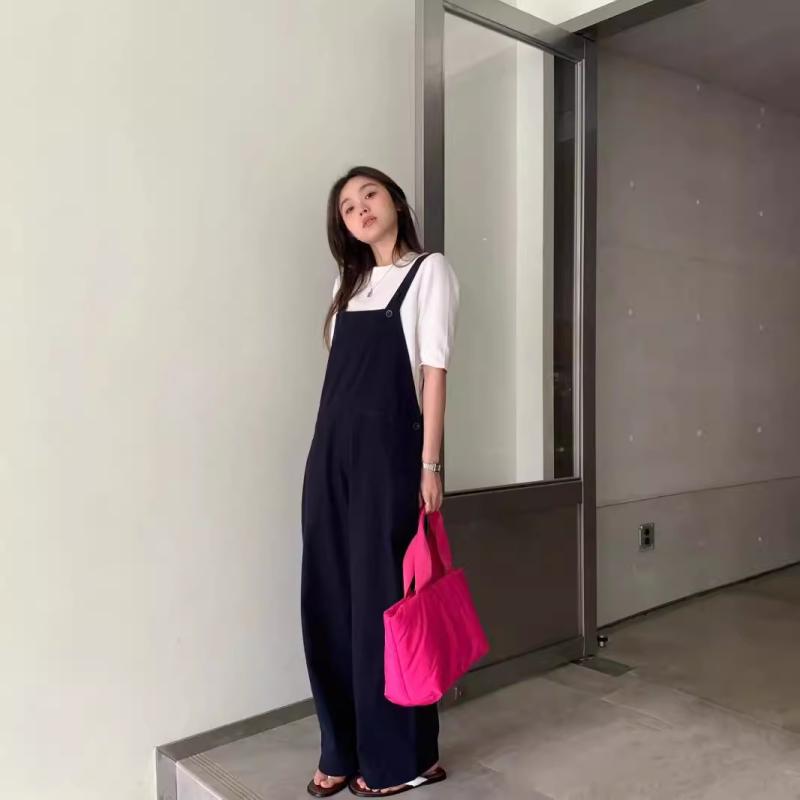 レディース ワイドパンツ サロペット 綿素材 無地 ポケット付き 伸縮性なし 宽松腰 直筒型パンツ 長ズボン ノースリーブ 日韓カジュアルスタイル 紺 オリーブ S M L