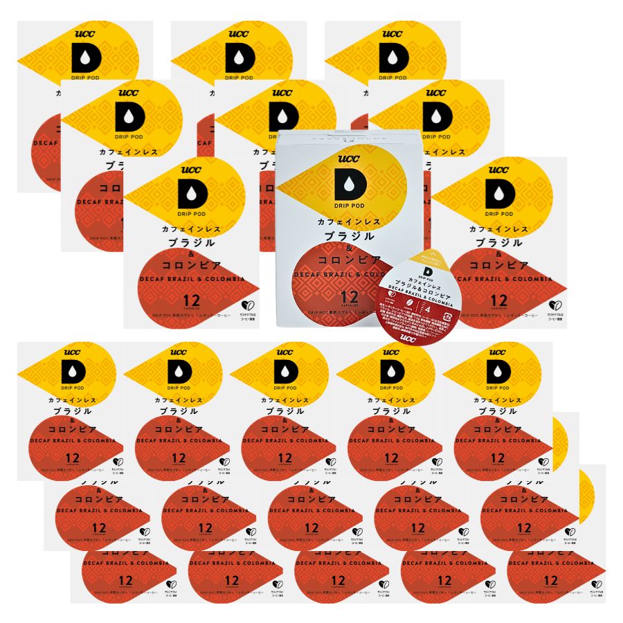 ＜＜ ITEM INFORMATION ＞＞ 商品名 UCC ドリップポッド DRIPPOD 専用カプセル カフェインレスコーヒー 12P 商品詳細 カプセルはUCC ドリップポッド システム専用です コーヒー本来のコクや香り、おいしさはそのままに、カフェインのみをカット。 豊かな香りとコクのある味わい。 内容量 12個入り（12杯分） 保存方法 高温多湿を避けて、冷暗所に保存してください。 出荷日/着日 配送方法 常温のみ 同梱包 ※UCC ドリップポッド 専用カプセルシリーズとの同梱は可能 備考 ※写真はイメージです。実際にお届けの商品は形状やパッケージが異なる場合があります。 ----------------------------------------------関連ワード：UCC DRIPPOD ドリップポッド ドリップマシン カプセル アソート コーヒーカプセル カプセルコーヒー コーヒーメーカー コーヒーマシン コーヒー 珈琲 レギュラー レギュラーコーヒー エスプレッソ ユーシーシー 上島珈琲 ウエシマコーヒー セット 飲み比べ アソート カフェ アラビカ カネフォラ ロブスタ コーヒー豆 酸味 フルーティー ブレンドコーヒー 無糖 ブラックコーヒー アイスコーヒー ホットコーヒー スペシャルブレンド リッチブレンド カフェインレスコーヒー 炭焼珈琲 コロンビア モカ＆キリマンジァロ グァテマラ＆コロンビア マンデリン＆ブラジル ブルーマウンテンブレンド ハワイコナブレンド アールグレイ紅茶 ジャスミン茶 深蒸し静岡煎茶 静岡まろみ焙じ茶