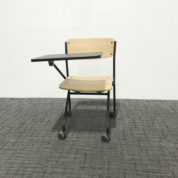 スタッキングチェア 肘無 イーザック メモ台付 キャスター付 チトセ オーク □ 【中古】
