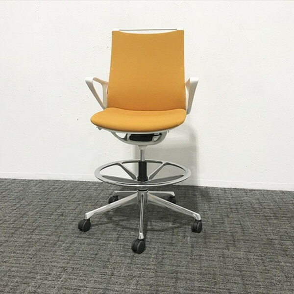 ハイチェア 昇降式 モード 肘付 キャスター付 オカムラ オレンジ 【中古】